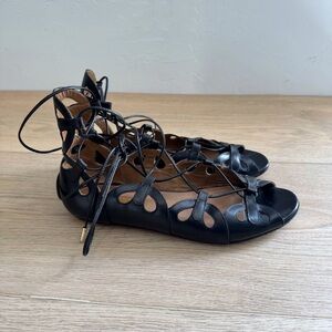 Aquazzura J’Adore Black Leather Lace Up Sandals Size 37.5 / US 7.5